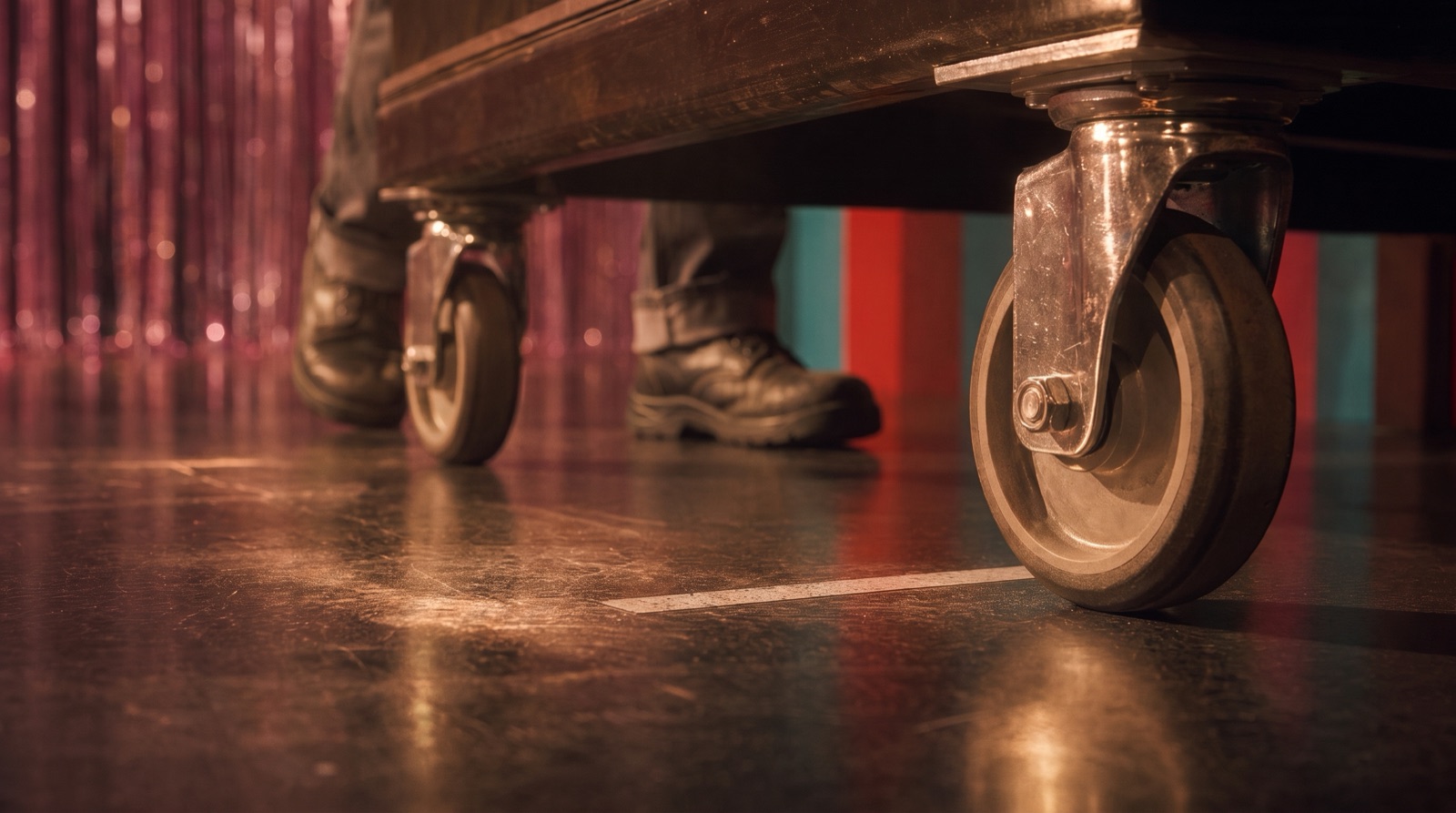 Floor-level shot of the trolley casters