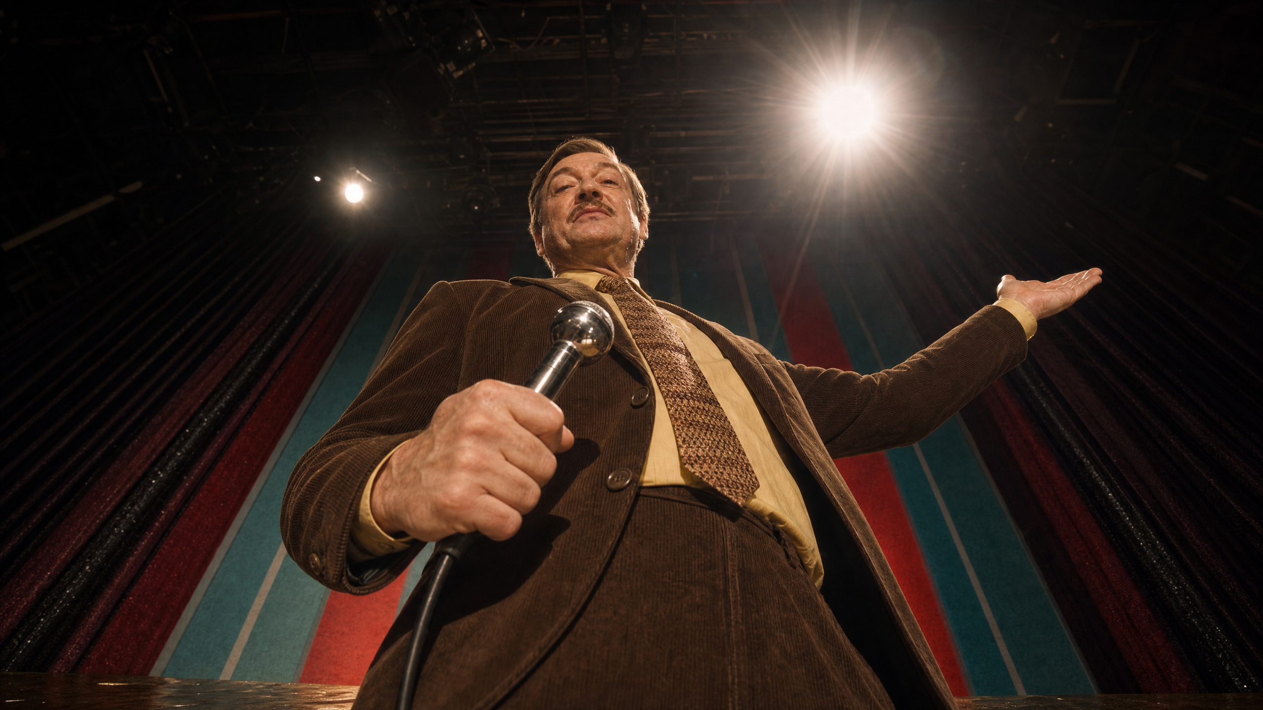 The host from a steep low angle, mic in hand, towering over the room