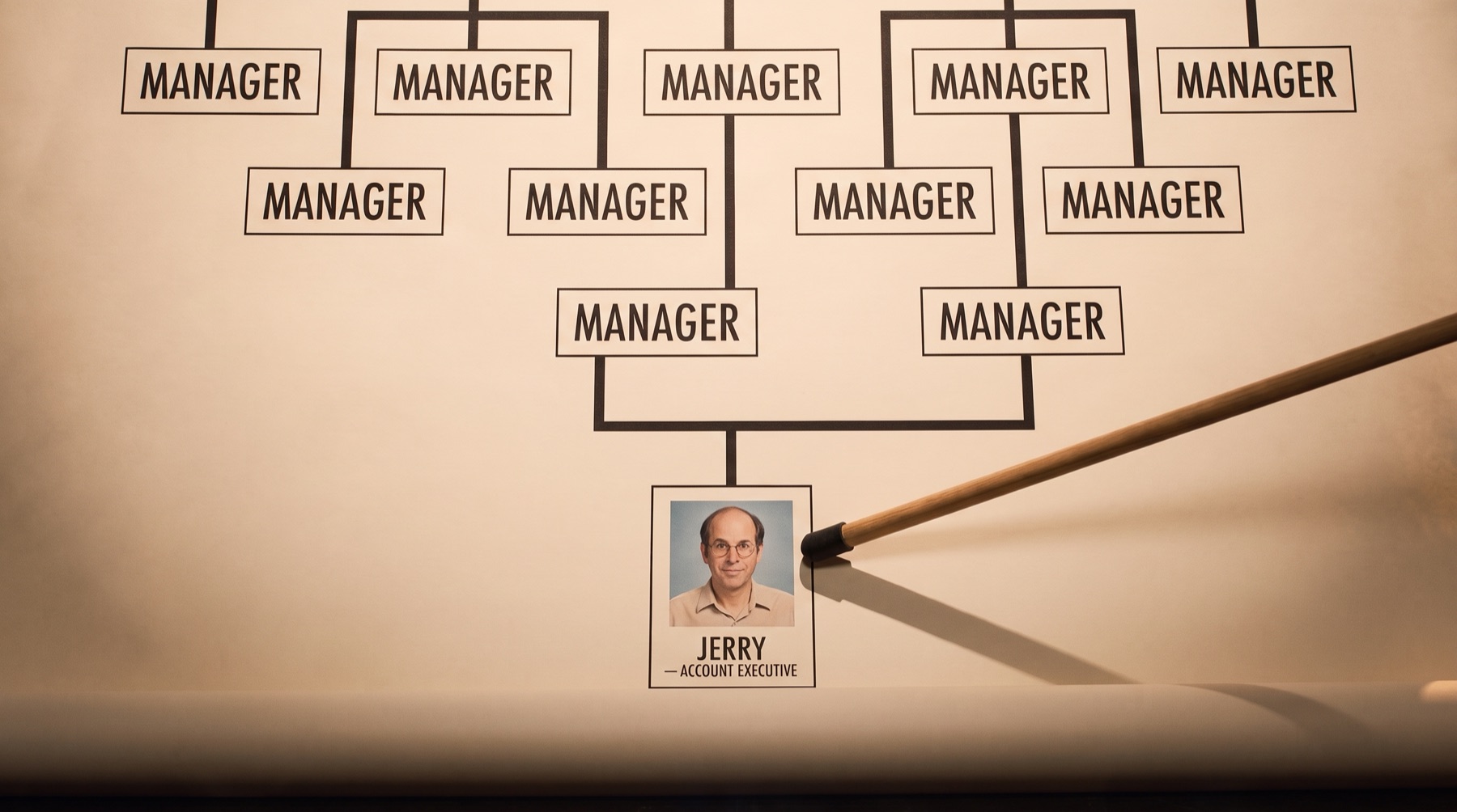 The organisation chart: manager upon manager, pointer resting on Jerry’s tiny box