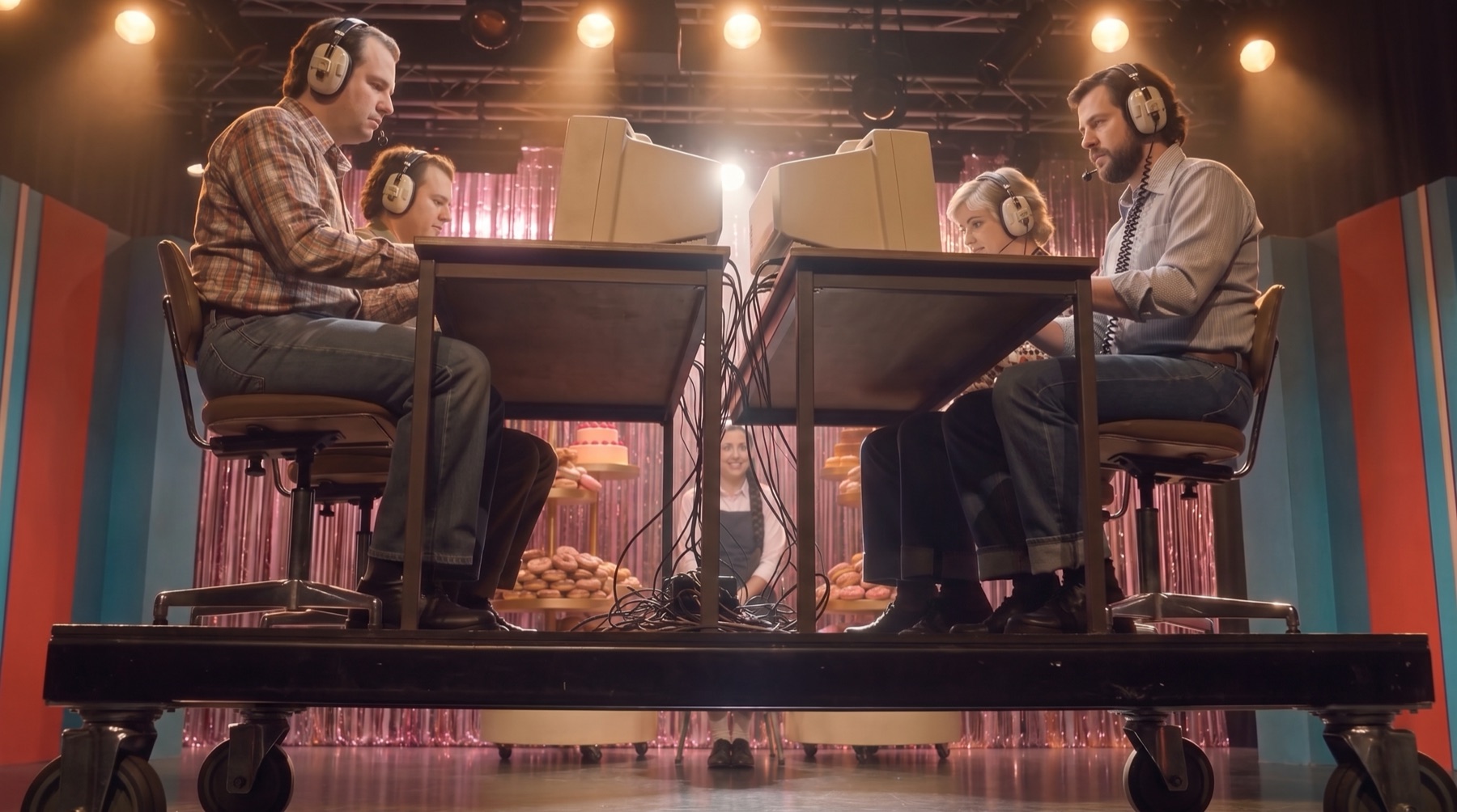 The trolley reveal: four engineers at full workstations rolling onto stage